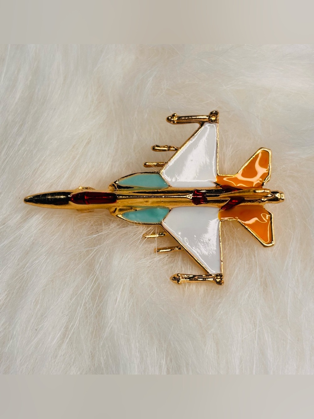Colorful Enamel Fighter Jet Airplane Brooch – Gold Tone Statement Pin